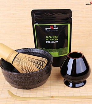 Matcha-Tee-Starter-Set-Original-Japan-Bio-Matcha-30g-im-Alu-Zip-Beutel-Matcha-Schale-mit-Matchabesen-Chasen-inkl-Halter-Chasentate-und-Bambuslffel-Chashaku-0